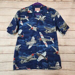 Vintage RJC Hawaiian Shirt Mens Medium Blue Fighter Jet Planes Button Down